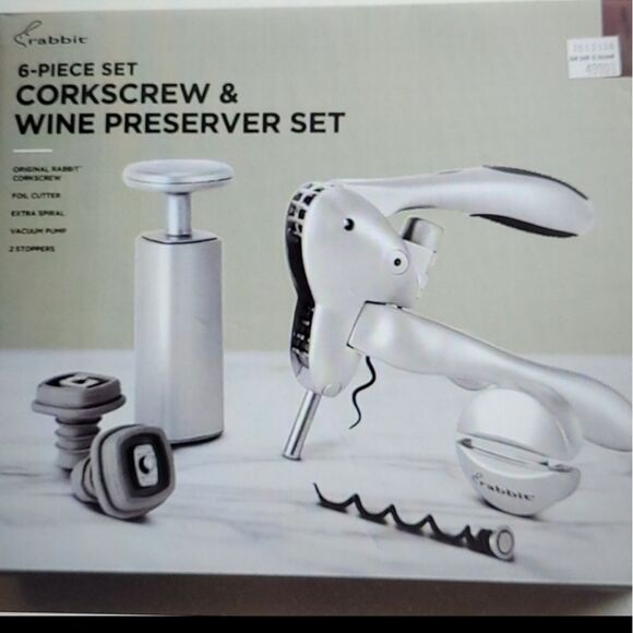 NEW 6 PIECE WINE PRESERVER + CORKSCREW silver stainless matching SET RABBIT NWT - Picture 6 of 6